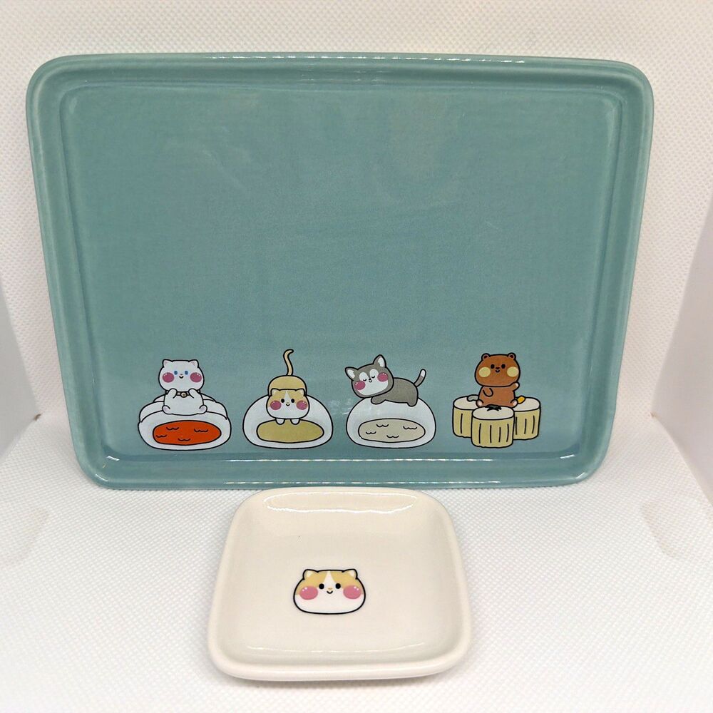 Kawaii Cat Sushi Serving Set Mint Green Ceramic Tray & Sauce Dish Snack Plate